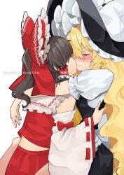  2girls between_legs black_dress black_hat blonde_hair blush bow brown_hair closed_eyes commentary_request detached_sleeves dress hairbow hakurei_reimu hand_on_another&#039;s_waist hat highres kirisame_marisa kissing large_hat long_hair multiple_girls pinafore_dress red_bow red_shirt red_skirt shirt simple_background skirt sleeveless sleeveless_dress sleeveless_shirt sweatdrop touhou twitter_username uchisaki_himari white_background white_shirt witch_hat yuri 