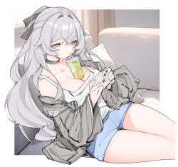  absurdres black_choker blue_shirt breasts bronya_zaychik bronya_zaychik_(silverwing:_n-ex) bubble_tea_challenge camisole cellphone choker cleavage cup disposable_cup drinking drinking_straw error1980 female grey_eyes grey_hair grey_jacket hair_between_eyes highres holding holding_phone honkai_(series) honkai_impact_3rd indoors jacket large_breasts long_hair object_on_breast off_shoulder open_clothes open_jacket phone shirt short_shorts shorts sitting smartphone solo thighs white_camisole 