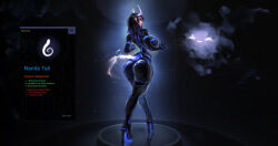  armwear artificial_intelligence ass big_breasts black_clothing black_sclera black_skinsuit blue_eyes blue_hair blue_horn boots breasts clothing convolute dark_background description digital_creature english_text female footwear gloves glowing glowing_body glowing_horn growth hair handwear hi_res high_heels horn human humanoid latex latex_clothing legwear look_behind mammal nanite nanites presenting presenting_hindquarters shoes skinsuit squel standing tail tail_growth text tight_clothing transformation wide_hips 