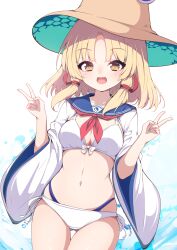  :d absurdres bikini blonde_hair blush bow bow_bikini breasts brown_hat commentary_request cowboy_western darumoon double_v female green_nails hair_ribbon hat highres long_sleeves looking_at_viewer medium_breasts medium_hair moriya_suwako navel neckerchief parted_bangs red_neckerchief red_ribbon ribbon sailor_collar side-tie_bikini_bottom smile solo swimsuit teeth touhou tress_ribbon upper_teeth_only v white_bikini wide_sleeves yellow_eyes 