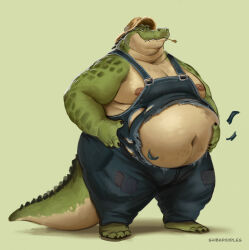  2024 alligator alligatorid anthro belly big_belly clothing crocodilian facial_hair green_body green_scales hand_on_belly hat headgear headwear hi_res male navel nipples non_mammal_nipples overalls overweight overweight_anthro overweight_male reptile scales scalie shibadoodles simple_background solo straw_hat tail torn_clothing 