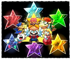  6+boys anniversary axem_black axem_green axem_pink axem_red axem_yellow belome black_background blonde_hair blue_eyes booster boots boshi_(super_mario_rpg) bowser bowyer cape commentary_request croco_(super_mario_rpg) crown culex dress elbow_gloves facial_hair female frogfucius geno_(mario) gloves hat highres horns jewelry jinx_(super_mario_rpg) jonathan_jones long_sleeves mack mallow_(mario) mario mario_(series) moustache multiple_boys open_mouth overalls pink_dress princess_peach puffy_short_sleeves puffy_sleeves punchinello rariatto_(ganguri) red_hair short_sleeves smithy spikes star_(symbol) super_mario_rpg toad_(mario) toadofsky yaridovich 