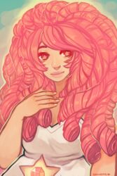  bust cartoon_network curly_hair female gem hand_on_chest hand_on_own_chest looking_at_viewer pink_hair rose_quartz_universe sannanai smile solo star-shaped_pupils steven_universe upper_body 