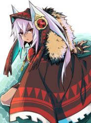  azur_lane check_commentary cloak commentary_request dark-skinned_female dark_skin facepaint female fingerless_gloves fur-trimmed_cloak fur_trim gloves highres hood jappo long_hair looking_at_viewer minneapolis_(azur_lane) native_american ponytail red_eyes sitting solo water white_hair 