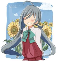  ahoge bad_id bad_twitter_id blue_hair blush bow bowtie closed_eyes cloud dated day female flower grey_hair grin kantai_collection kiyoshimo_(kancolle) long_hair low_twintails multicolored_hair riz_(ravel_dc) school_uniform shirt sky smile solo sunflower twintails twitter_username white_shirt 