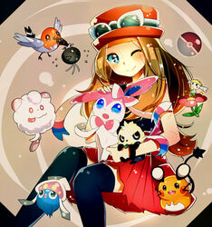  :&gt; bad_id bad_pixiv_id bare_shoulders blue_eyes brown_hair dedenne eyewear_on_head female flabebe flabebe_(red_flower) fletchling flower hat ichirugi inkay long_hair one_eye_closed pancham poke_ball pokemon pokemon_(creature) pokemon_xy scatterbug serena_(pokemon) skirt sunglasses swirlix sylveon thighhighs 