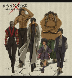  5boys aged_down barrel belt beshimi black_hair bow braid closed_eyes coat commentary_request copyright_name crossed_arms female gloves hands_in_pockets hannya hannya_(rurouni_kenshin) hyottoko_(rurouni_kenshin) itouei jacket japanese_clothes letterboxed long_hair makimachi_misao mask md5_mismatch multiple_boys ninja oniwabanshuu open_mouth photoshop_(medium) resolution_mismatch rurouni_kenshin scar shikijou shinomori_aoshi short_hair smile source_smaller topless_male trench_coat 