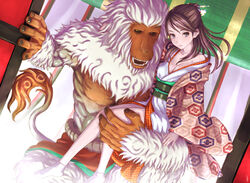  bad_id bad_pixiv_id bare_legs breasts brown_eyes brown_hair carrying cleavage collarbone female grin hair_ornament hair_stick japanese_clothes kikkoumon kimono long_hair medium_breasts mole mole_under_eye monkey obi off_shoulder original ponytail sash shimano_natsume smile socks swept_bangs tabi 