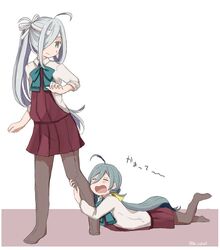  2girls ahoge asashimo_(kancolle) bad_id bad_twitter_id blouse blue_hair bow bowtie closed_eyes commentary_request dress grey_hair hair_over_one_eye hairband hugging_another&#039;s_leg kantai_collection kiyoshimo_(kancolle) leg_grab long_hair low_twintails lying multicolored_hair multiple_girls on_floor on_stomach open_mouth pantyhose riz_(ravel_dc) school_uniform shirt sleeveless sleeveless_dress standing tears translated twintails twitter_username white_shirt 