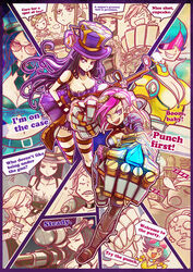  2girls aa2233a belt breasts brown_hair caitlyn_(league_of_legends) chinese_commentary cleavage collar commentary_request earrings gauntlets gloves goggles gun hat highres jewelry kog&#039;maw large_breasts league_of_legends long_hair medium_breasts midriff multiple_girls navel photoshop_(medium) pink_hair ranguage rifle short_hair shoulder_pads teemo vi_(league_of_legends) weapon 