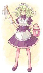  alice_soft artist_request bow bucket feather_duster female female frills green_hair grey_eyes maid mouri_teru pantyhose rance_(series) rance_quest sengoku_rance solo tights wata_guarana 