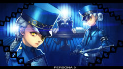  boyaking business_suit caroline_(persona_5) eyepatch igor justine_(persona_5) persona_5 police_uniform weapon 