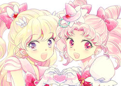  2girls :d asahina_mirai bad_id bad_pixiv_id bishoujo_senshi_sailor_moon blonde_hair bow brooch character_name chibi_usa choker color_connection cone_hair_bun cosplay costume_switch crescent crescent_earrings crossover cure_miracle cure_miracle_(cosplay) double_bun earrings gloves hair_bun hair_ornament hairbow hairpin half_updo hat heart heart_brooch heart_choker heart_hands heart_hands_duo high_ponytail jewelry long_hair looking_at_viewer magical_girl mahou_girls_precure! mini_hat mini_witch_hat multiple_girls open_mouth photoshop_(medium) pink_bow pink_eyes pink_hair pink_hat pink_sailor_collar ponytail precure puffy_sleeves purple_eyes red_bow sailor_chibi_moon sailor_chibi_moon_(cosplay) sailor_collar sailor_senshi_uniform saki_(hxaxcxk) short_hair smile sparkle super_sailor_chibi_moon super_sailor_chibi_moon_(cosplay) twintails upper_body white_background white_gloves witch_hat 