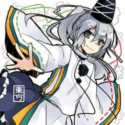  commentary_request female grey_eyes grey_hair hat japanese_clothes kariginu long_hair long_sleeves mononobe_no_futo pom_pom_(clothes) ribbon-trimmed_sleeves ribbon_trim smile solo tamura_hiro tate_eboshi touhou wide_sleeves 