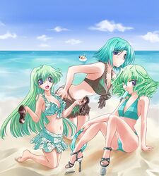  3girls alice_soft bathing_suit beach bikini blue_eyes food green_hair kikkawa_kiku kobayakawa_chinu kyouya long_hair mouri_teru multiple_girls open_mouth popsicle rance_(series) sengoku_rance short_hair swimsuit 