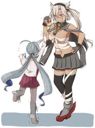  2girls ahoge bad_id bad_twitter_id blonde_hair blue_hair breasts budget_sarashi capelet chest_sarashi commentary_request dark-skinned_female dark_skin food glasses gloves grey_hair grey_skirt hand_on_own_hip height_difference kantai_collection kiyoshimo_(kancolle) large_breasts long_hair low_twintails miniskirt multiple_girls musashi_(kancolle) musashi_kai_(kancolle) navel outstretched_arm pantyhose pudding reaching red_eyes riz_(ravel_dc) sakuramon sarashi school_uniform short_hair skirt spoon tall teasing thighhighs tiptoes trembling twintails two_side_up zettai_ryouiki 