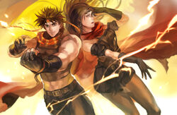  1boy bare_shoulders battle_tendency black_eyes black_hair commentary_request crop_top dress electricity female fingerless_gloves gloves hamon headband jojo_no_kimyou_na_bouken joseph_joestar joseph_joestar_(young) lisa_lisa midriff mother_and_son oburaato off-shoulder_dress off_shoulder pantyhose photoshop_(medium) red_scarf scarf shirt sleeveless sleeveless_shirt 