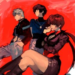  2boys boots breasts brown_hair choker chris_(kof) cleavage cleavage_cutout cropped_jacket earrings gloves hair_over_eyes jewelry large_breasts lechuza leotard lipstick long_hair makeup miniskirt multiple_boys muscle nanakase_yashiro ponytail shermie short_hair skirt smile the_king_of_fighters twintails white_hair 