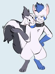  2_heads 4_toes anthro argument arki_(arcturus) blue_body blue_fur blue_hair blush collar conjoined digital_media_(artwork) digitigrade fauxhawk feet female fur gesture grey_body grey_fur grey_hair hair hand_on_hip hi_res hybrid mammal mephitid multi_head narrowed_eyes nervous pastelcore pink_nose shrug skandark skunk solo squint standing toes toony white_body white_fur 