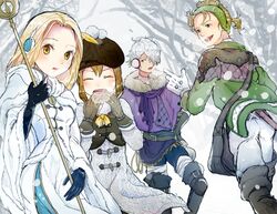  2boys 2girls alfyn_greengrass blonde_hair brown_hair closed_eyes commentary_request dress gloves green_eyes hair_over_one_eye hat highres jewelry long_hair multiple_boys multiple_girls necklace octopath_traveler octopath_traveler_i open_mouth ophilia_clement ponytail rico_ot scarf short_hair simple_background smile snow therion_(octopath_traveler) tressa_colzione white_hair 