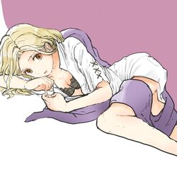  bed blonde_hair bra commentary_request female highres jewelry long_hair looking_at_viewer necklace octopath_traveler octopath_traveler_i open_mouth ophilia_clement panties rico_ot simple_background solo underwear 