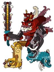  daijuujin daizyujin giant_monster glyph horns mayan mecha megazord monarobot mural no_humans power_rangers robot shield super_sentai sword teeth tusks weapon 