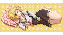  barefoot blonde_hair braid commentary_request female glasses highres kabukimonogatari long_hair lying monogatari_(series) murata_isshin nanahyakuichi_middle_school_uniform on_side oshino_shinobu photoshop_(medium) pillow pointy_ears school_uniform solo yellow_eyes 