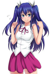  &gt;:) ameno_hibari blue_eyes blue_hair blush breasts clenched_hands closed_mouth commentary cowboy_shot dress_shirt female hair_between_eyes long_hair looking_at_viewer medium_breasts miniskirt namakemono_(u446644k) neck_ribbon purple_ribbon purple_skirt ribbon shirt shuriken_hair_ornament sidelocks skirt sleeveless sleeveless_shirt smile solo two_side_up v-shaped_eyebrows white_shirt yuragisou_no_yuuna-san 