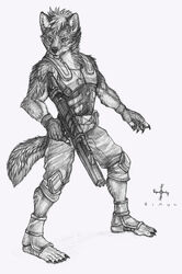  2015 akira_(shane) anthro armor belt biped black_nose canid canine canis changeling_(world_of_darkness) claws clothed clothing dog_tags fan_character feet fingerless_gloves fur gloves gun hair hakken_(world_of_darkness) handwear holding_gun holding_object holding_ranged_weapon holding_weapon male mammal monochrome mythological_canine mythological_creature mythology plantigrade ranged_weapon rifle scar short_hair simple_background simul solo standing symbol weapon were werecanid werecanine werewolf werewolf_the_apocalypse whiskers white_background white_wolf_publishing wolf world_of_darkness_(series) 