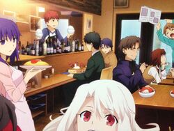  4boys 4girls alcohol apron bar_(place) blonde_hair bottle bowl brown_eyes brown_hair cafe chair commentary_request door drink eating emiya_shirou fate/stay_night fate_(series) food fujimura_taiga head_rest heart illyasviel_von_einzbern itsuki_sayaka kotomine_kirei kuzuki_souichirou liquor long_hair looking_at_viewer magazine_(object) mapo_tofu matou_sakura mitsuzuri_ayako multiple_boys multiple_girls newspaper omelet omurice pointing purple_hair red_eyes red_hair restaurant rice ryuudou_issei short_hair sitting table white_hair wine_bottle 