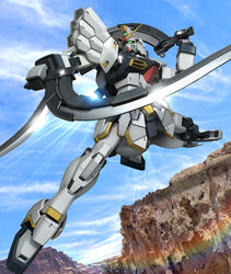  cloud commentary_request day dual_wielding gundam gundam_sandrock gundam_wing hiropon_(tasogare_no_puu) holding holding_weapon lens_flare mecha no_humans photo_background realistic robot science_fiction shotel sky sunlight sword weapon 