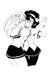  2girls amano_onsa bakuon!! bell blush commentary_request curly_hair greyscale hair_bell hair_ornament hairband licking long_hair monochrome multiple_girls pantyhose school_uniform shimotsuki_juugo short_hair suzunoki_rin twintails yuri 