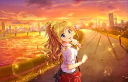  blonde_hair blush dress green_eyes hino_akane idolmaster idolmaster_cinderella_girls idolmaster_cinderella_girls_starlight_stage long_hair night smile 