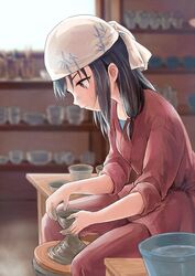  black_hair blurry blush brown_eyes clay commentary_request depth_of_field female fujiwara_hajime furorida head_scarf idolmaster idolmaster_cinderella_girls long_hair potters_wheel pottery profile sitting solo 