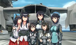  6+girls :d ahoge akizuki_(kancolle) alternate_costume black_hair black_headband blue_eyes blue_sky bodysuit braid breasts chinese_commentary chou-10cm-hou-chan closed_eyes cloud cloudy_sky commentary_request day flight_deck fusou_(kancolle) hair_ornament headband height_difference highres husky_(soonofgod) kantai_collection large_breasts long_hair looking_at_viewer multiple_girls nagato_(kancolle) nontraditional_miko open_mouth outdoors red_eyes remodel_(kantai_collection) school_uniform serafuku shigure_(kancolle) short_hair side_braid sky smile standing takao_(kancolle) v-22_osprey vtol white_headband yamashiro_(kancolle) 