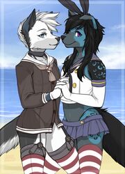  2017 anthro armwear beach black_hair blue_body blue_eyes blue_fur bottomwear button_(fastener) button_skirt canid canine cheek_tuft clothed clothing collar cosplay crossdressing detailed_background digital_media_(artwork) dipstick_ears duo ear_markings elbow_gloves facial_tuft fauxhawk femboy floppy_ears fur garter_straps gloves hair hand_holding handwear iriedono kantai_collection legwear long_hair looking_at_viewer male mammal markings midriff multicolored_body multicolored_ears multicolored_fur navy outside pattern_clothing pattern_legwear pose public purple_bottomwear purple_clothing purple_eyes sand seaside shimakaze_(kancolle) short_hair skimpy skirt smile spots spotted_body spotted_fur standing stockings striped_clothing striped_legwear stripes translucent translucent_clothing tuft white_armwear white_clothing white_gloves white_hair white_handwear 