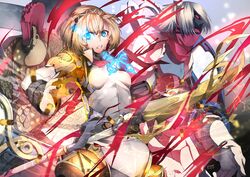  aegis armor athena blonde_hair blue_eyes headband male omo_(utakatadice) persona spear tagme_(character) weapon 