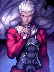  1boy archer_(fate) cape commentary_request dark-skinned_male dark_skin fate/stay_night fate_(series) highres kerogi_haku male_focus solo white_hair 