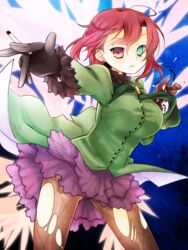  aozaki_touko bad_id bad_pixiv_id blue_eyes cigarette commentary_request female gloves heterochromia kamehima mahou_tsukai_no_yoru pantyhose red_eyes red_hair short_hair solo torn_clothes torn_pantyhose 