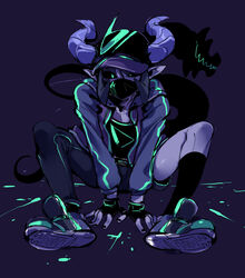  1boy asymmetrical_clothes asymmetrical_pants bad_id bad_pixiv_id baseball_cap black_sclera colored_sclera docu_(doppel) doppel_(bonnypir) fingerless_gloves gloves green_eyes hat highres horns looking_at_viewer male_focus mask monster_boy mouth_mask original pointy_ears shoes sneakers solo tail 