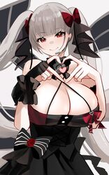  absurdres azur_lane bare_shoulders black_bow black_dress black_gloves bow breasts cleavage closed_mouth commentary_request dress dress_bow earpiece female fingerless_gloves formidable_(azur_lane) formidable_(muse)_(azur_lane) gloves grey_hair hair_ornament heart heart_hands highres huge_breasts long_hair looking_at_viewer official_alternate_costume red_eyes simple_background single_glove smile solo twintails upper_body very_long_hair white_background yamaha_tsui 