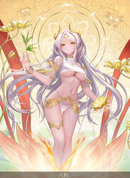  bikini breasts cleavage earrings female fire flower highres holding horns jewelry large_breasts lily_pad long_hair looking_at_viewer lotus lotus_leaf navel original pond red_ribbon ribbon smile solo swimsuit underboob water white_bikini white_hair white_ribbon yellow_eyes yellow_horns yizhibao 