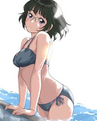  bikini black_hair breasts cowboy_shot female glasses grey_bikini grey_eyes highres looking_at_viewer medium_breasts navel original poolside shigyomusume short_hair side-tie_bikini_bottom simple_background solo swimsuit water white_background 