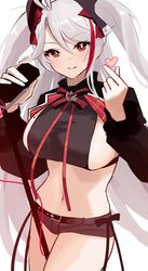  absurdres azur_lane black_shirt breasts brown_shorts commentary_request cowboy_shot female finger_heart grey_hair highres holding holding_microphone large_breasts looking_at_viewer micro_shorts microphone mole mole_on_breast multicolored_hair official_alternate_costume prinz_eugen_(azur_lane) prinz_eugen_(muse)_(azur_lane) red_eyes red_hair shirt shorts sideboob_cutout simple_background smile solo streaked_hair two_side_up white_background yamaha_tsui 