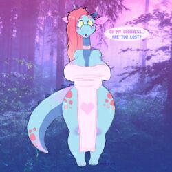  1:1 2018 2_horns 3_toes anthro artist_name barefoot big_breasts blue_body blue_horn blue_scales blue_spines blue_tail blush breasts chotpot cleavage clothed clothing colored dated dialogue digital_drawing_(artwork) digital_media_(artwork) dragon dress european_mythology eyebrows eyelashes fangs feet female fog forest grass hair hands_behind_back horn long_hair long_neck long_tail looking_at_viewer maia_(chotpot) mother_(lore) multicolored_body multicolored_scales mythological_creature mythological_scalie mythology neckband neckwear open_mouth outside parent_(lore) photo_background photography_(artwork) pink_body pink_eyebrows pink_hair pink_scales pink_tongue plant purple_inner_ear scales scalie shrub snout solo speech_bubble spines standing tail talking_to_viewer teeth thick_thighs toes tongue tree western_dragon white_clothing white_dress wide_hips worried yellow_eyes 