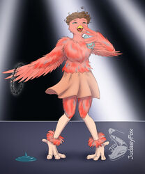  2024 anthro avian award beak bird bottomwear chicken clothing curled_hair eurovision_song_contest feathers galliform gallus_(genus) hair hi_res holding_award holding_object holding_trophy judasyfox nemo_(eurovision) nonbinary_(lore) open_mouth phasianid signature skirt solo standing teary_eyes thorn_crown tiptoes tongue trophy 