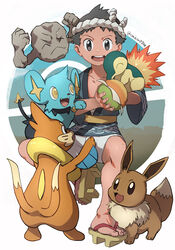  1boy :d buizel collarbone commentary_request cyndaquil eevee fire geodude highres holding jacket kabon_(b00902061) male_focus open_mouth pokemon pokemon_(creature) pokemon_legends:_arceus pokemon_on_arm rei_(pokemon) sash shinx short_hair shorts smile teeth toes tongue twitter_username upper_teeth_only 