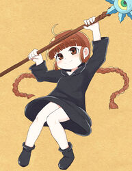  black_dress blush braid brown_eyes brown_hair closed_mouth dress female holding invisible_wanwan&#039;o kukuri_(mahoujin_guruguru) long_hair looking_at_viewer mahoujin_guruguru robe simple_background smile solo staff twin_braids 