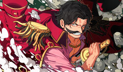  1boy absurdres black_eyes black_hair coat coat_on_shoulders collarbone collared_shirt commentary facial_hair fighting_stance floating_clothes gol_d._roger grin highres holding holding_sword holding_weapon jewelry looking_at_viewer male_focus moustache mygiorni necklace one_piece open_collar parted_bangs pectoral_cleavage pectorals pink_shirt pirate red_coat shirt short_hair smile smoke solo sword teeth upper_body weapon 