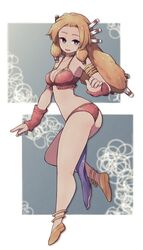  :d anklet armlet bikini blonde_hair bright_pupils choker commentary commission english_commentary female from_behind full_body hair_ornament harem_outfit highres imu_(lom) jewelry lamb-oic029 legend_of_mana long_hair looking_at_viewer looking_back open_mouth purple_eyes red_bikini seiken_densetsu shoes smile solo swimsuit white_pupils yellow_choker yellow_footwear 